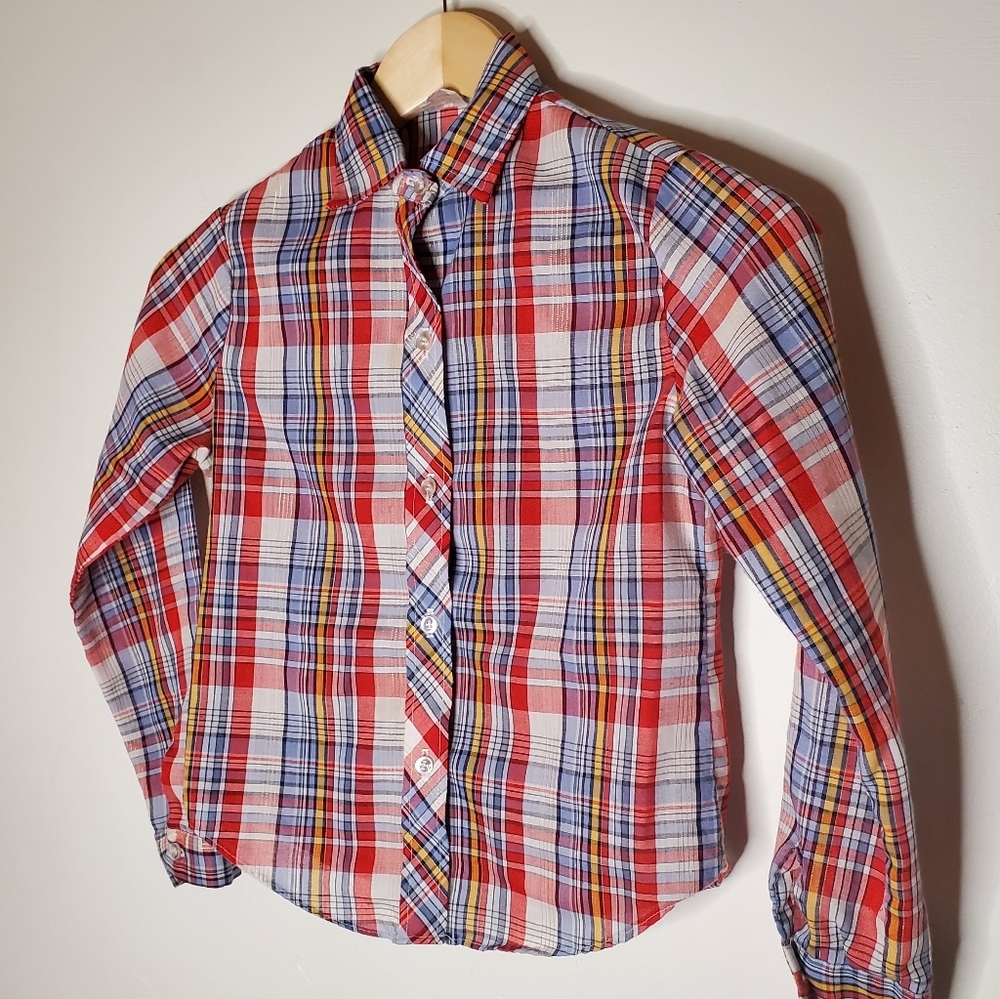 Bright and Basic Multi-color Vintage Plaid Shirt with Metallic Gold Threads - Picture 8 of 12